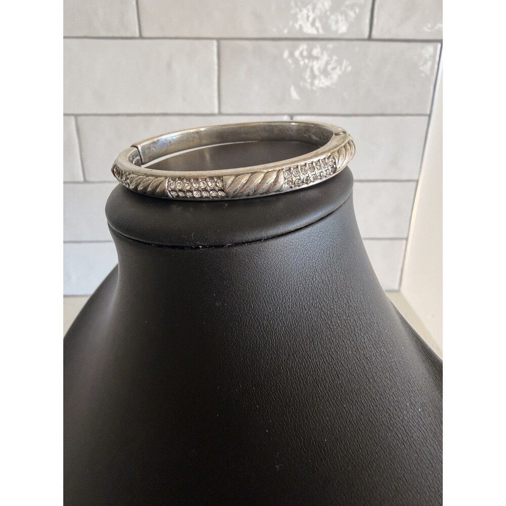 Vtg Retired Brighton Silver Rhinestone Rope Hinged Bangle Bracelet